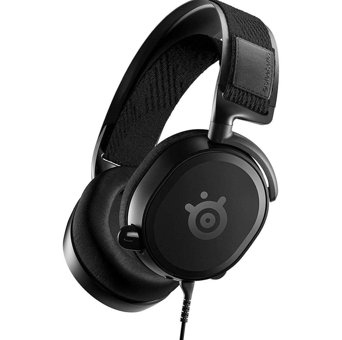 Black gaming headset with SteelSeries logo on a white background