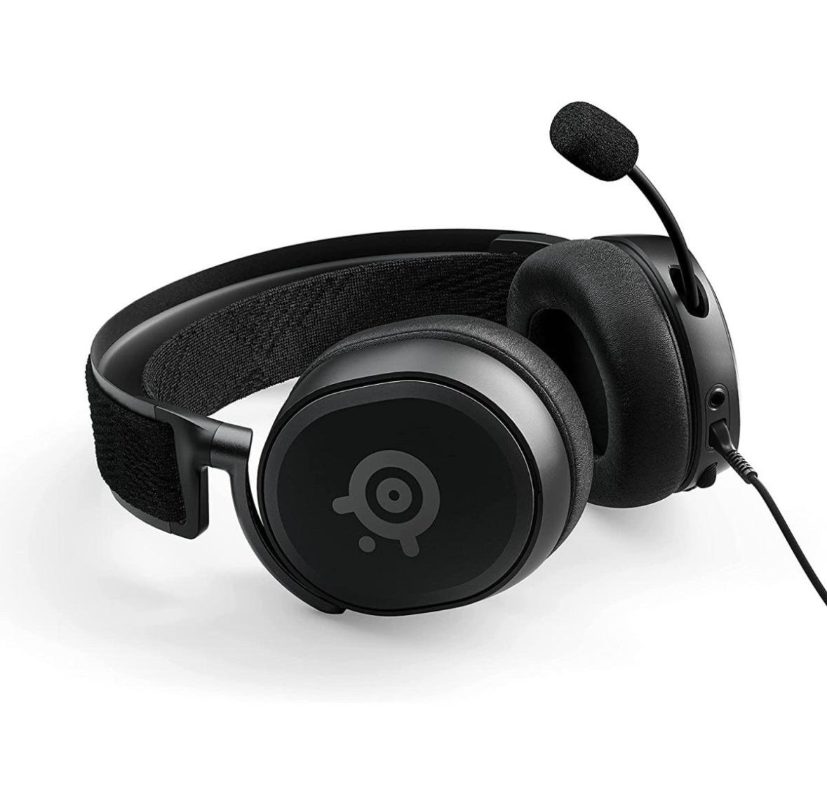 Black gaming headset with a microphone on a white background