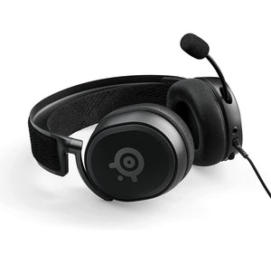 Black gaming headset with a microphone on a white background