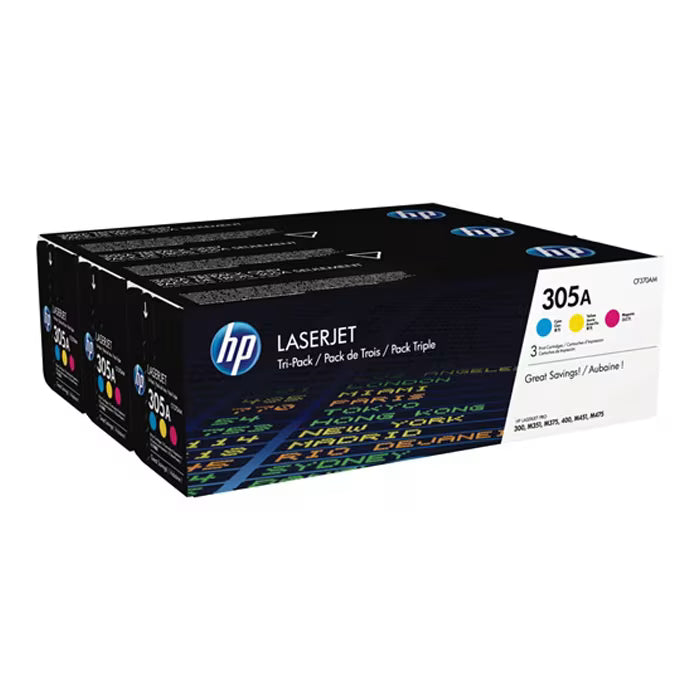 HP 305A Cyan, Magenta, Yellow Original Toner Cartridge (CF370AM) 3-Pack – Genuine HP