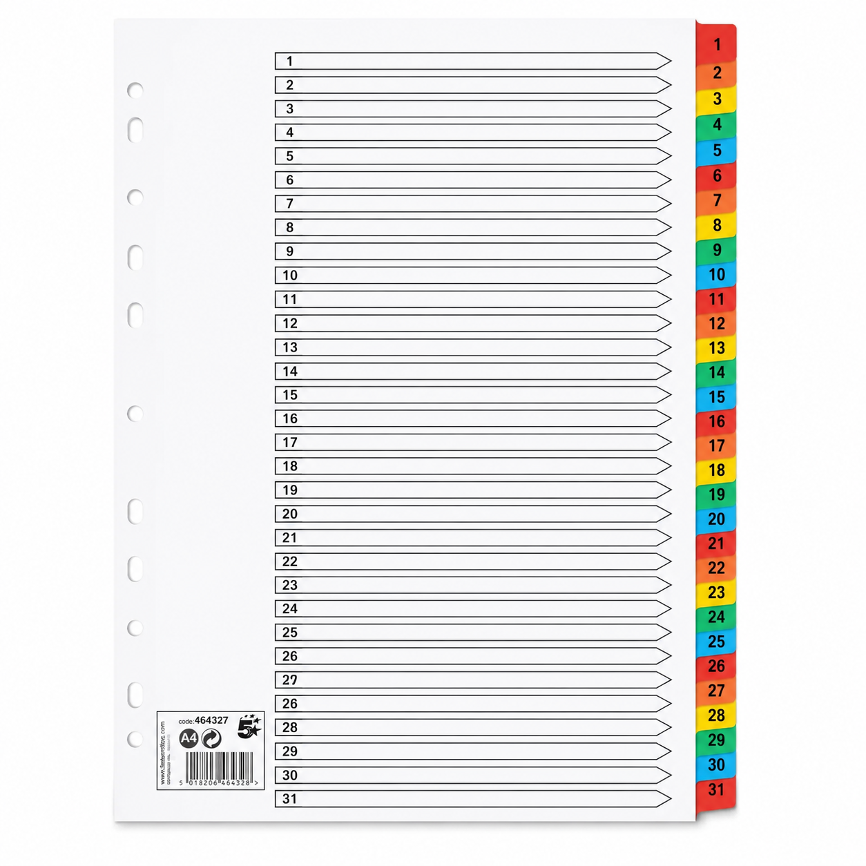 A4 File Dividers 1-31 Coloured Plastic Tabs