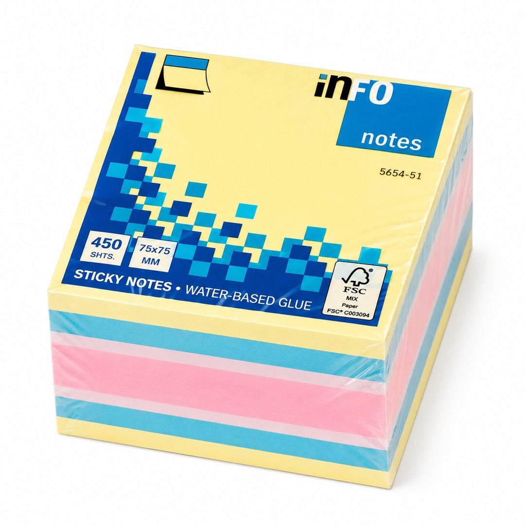 Info Notes Sticky Note Cube, 75x75mm, 450 Sheets, Multicolor
