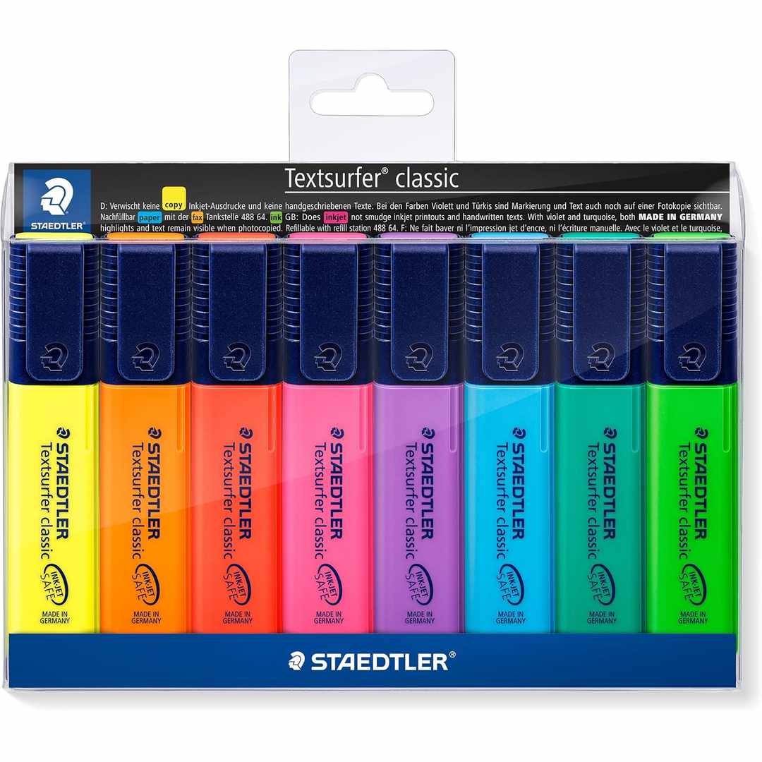 STAEDTLER 364 WP8 Textsurfer Classic Highlighter – Wallet of 8 Assorted Colours, Inkjet Safe