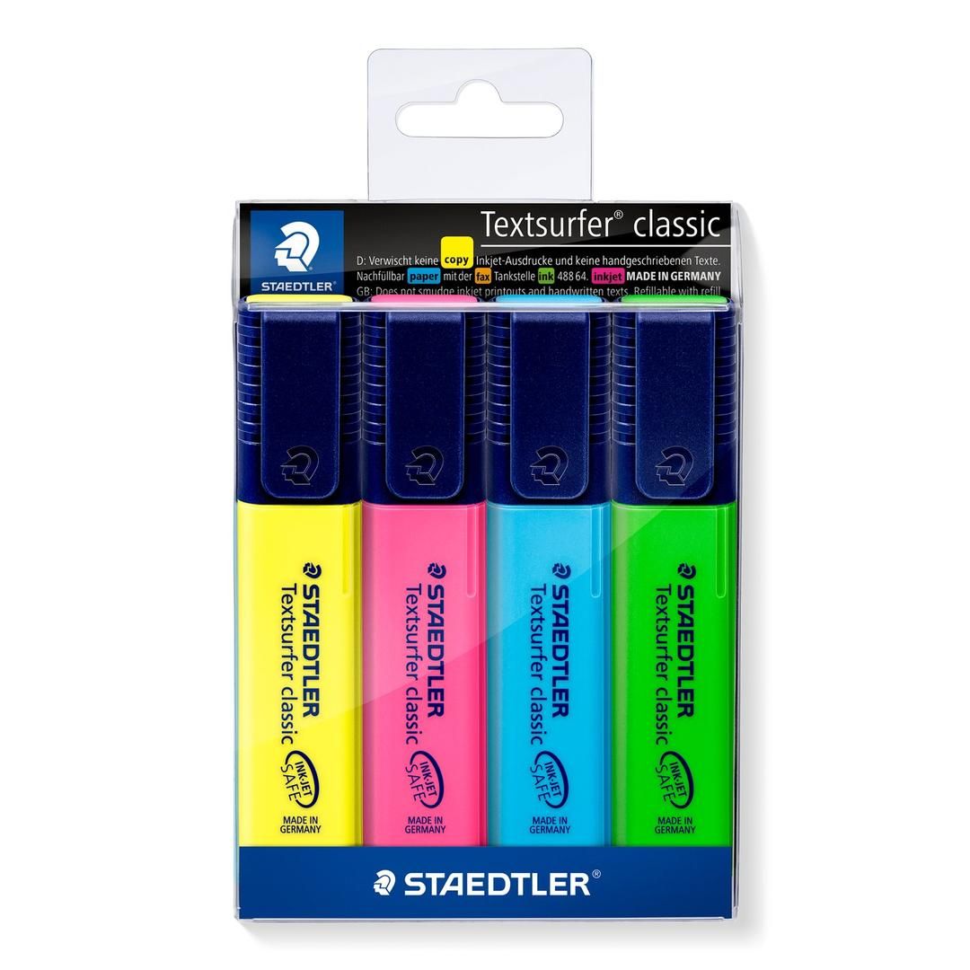 Staedtler Textsurfer Classic 364 Highlighter Set – 4 Assorted Colours, Inkjet Safe