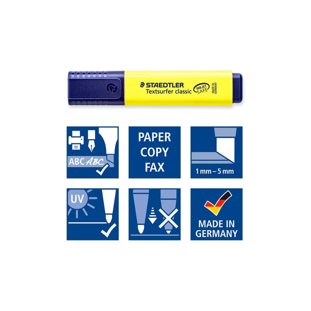 Staedtler Textsurfer Classic 364 Highlighter Set – 4 Assorted Colours, Inkjet Safe