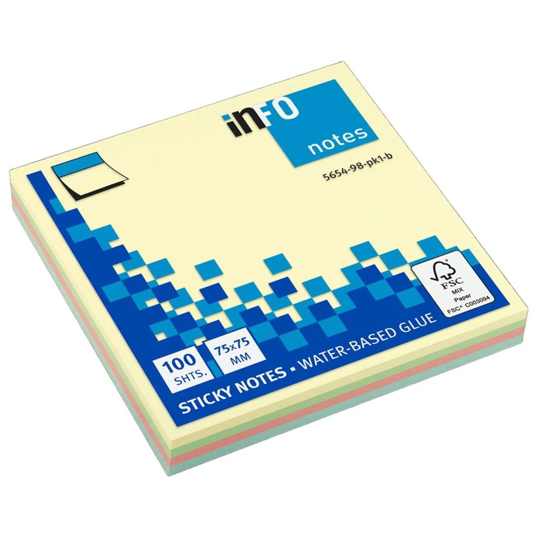 Info Notes Sticky Notes, 75x75mm, 100 Sheets, Pastel Multicolor