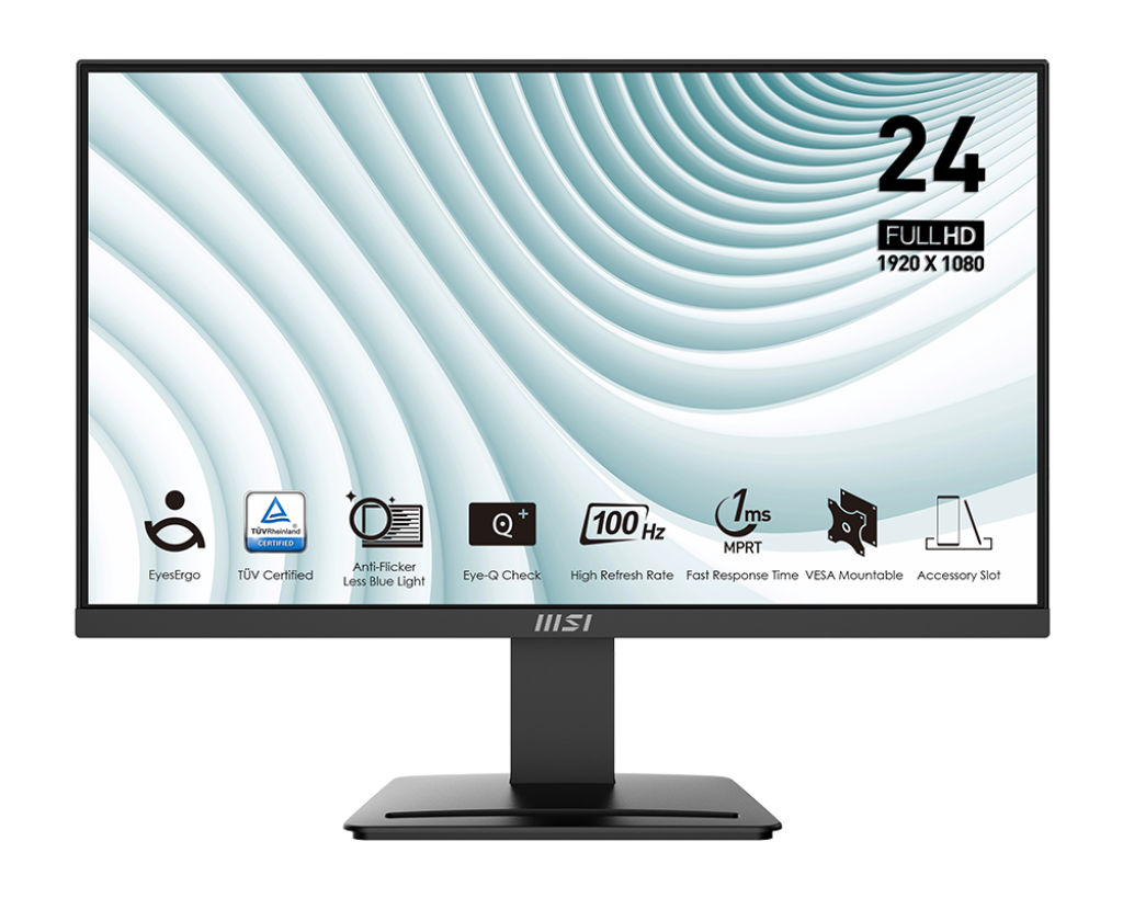 MSI PRO MP2412 – 23.8" FHD, 100Hz, 1ms, VA Panel, EyesErgo, Built-in Speakers, Black